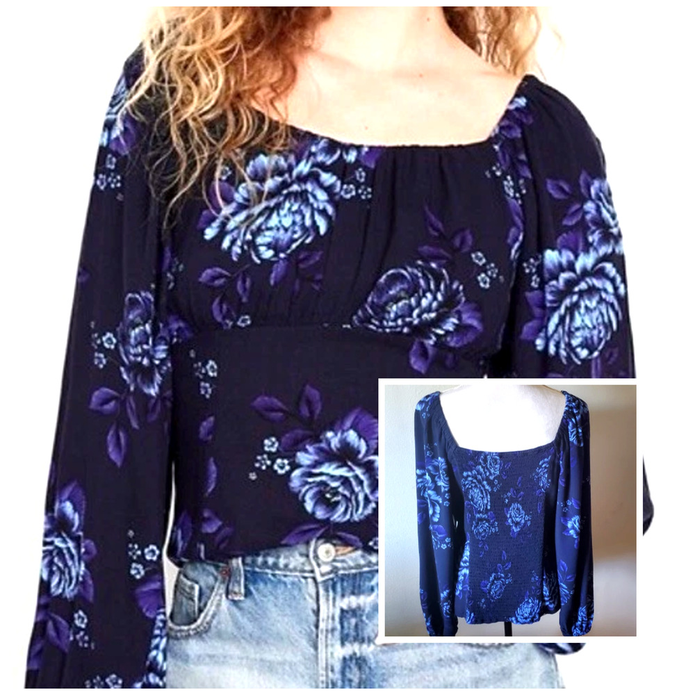 Y2k Old Navy Blue Floral Smocked Puff long Sleeve M Cottage Whimsigoth Fairygoth